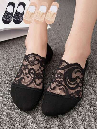 1/5 双踝袜女蕾丝隐形薄款女士蕾丝船袜镂空防滑浅口透明袜子女士碎花短袜