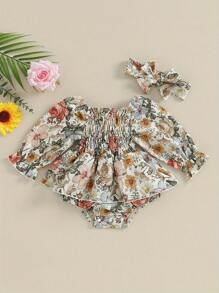 Newborn Girl Outfit, Long Sleeve Off-Shoulder Flower Print A-Line Romper Dress With Headband Clothes