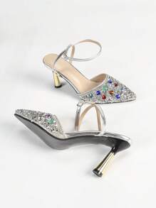 Sandalias de punta cerrada con diseño hueco y brillantes, zapatos de tacón alto y puntiagudos con efecto electrolizado estilo francés de alta gama para mujer, ideales para fiesta