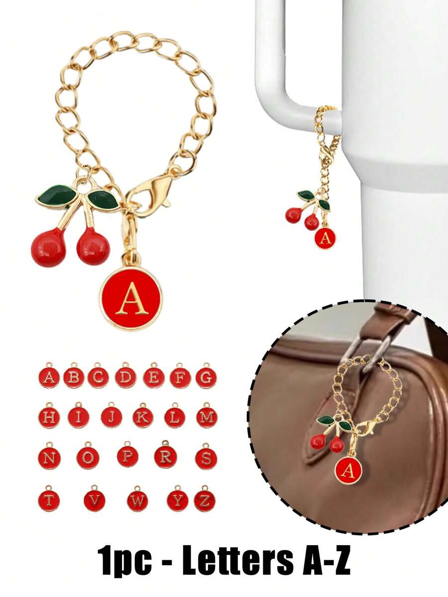 新款樱桃字母吊坠配饰，首字母A-Z，杯子名称铭牌草帽首字母手柄个性吊坠30&40盎司鼓形水杯手柄识别字母吊坠链，时尚樱桃吊坠，时尚包包吊坠，可自由搭配，情人节礼物送给朋友、亲戚、母亲 - 彩色 - 查看 1