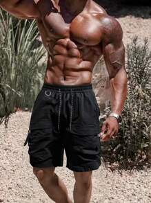 男士工装短裤多口袋时尚休闲百慕大短裤 - 黑色 - 查看 1