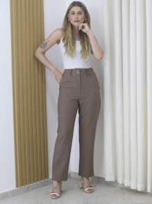 Women's Refreshing Plain Tailored Trousers With Button - Maxma 6631 - Marrón Chocolate - Ver 1
