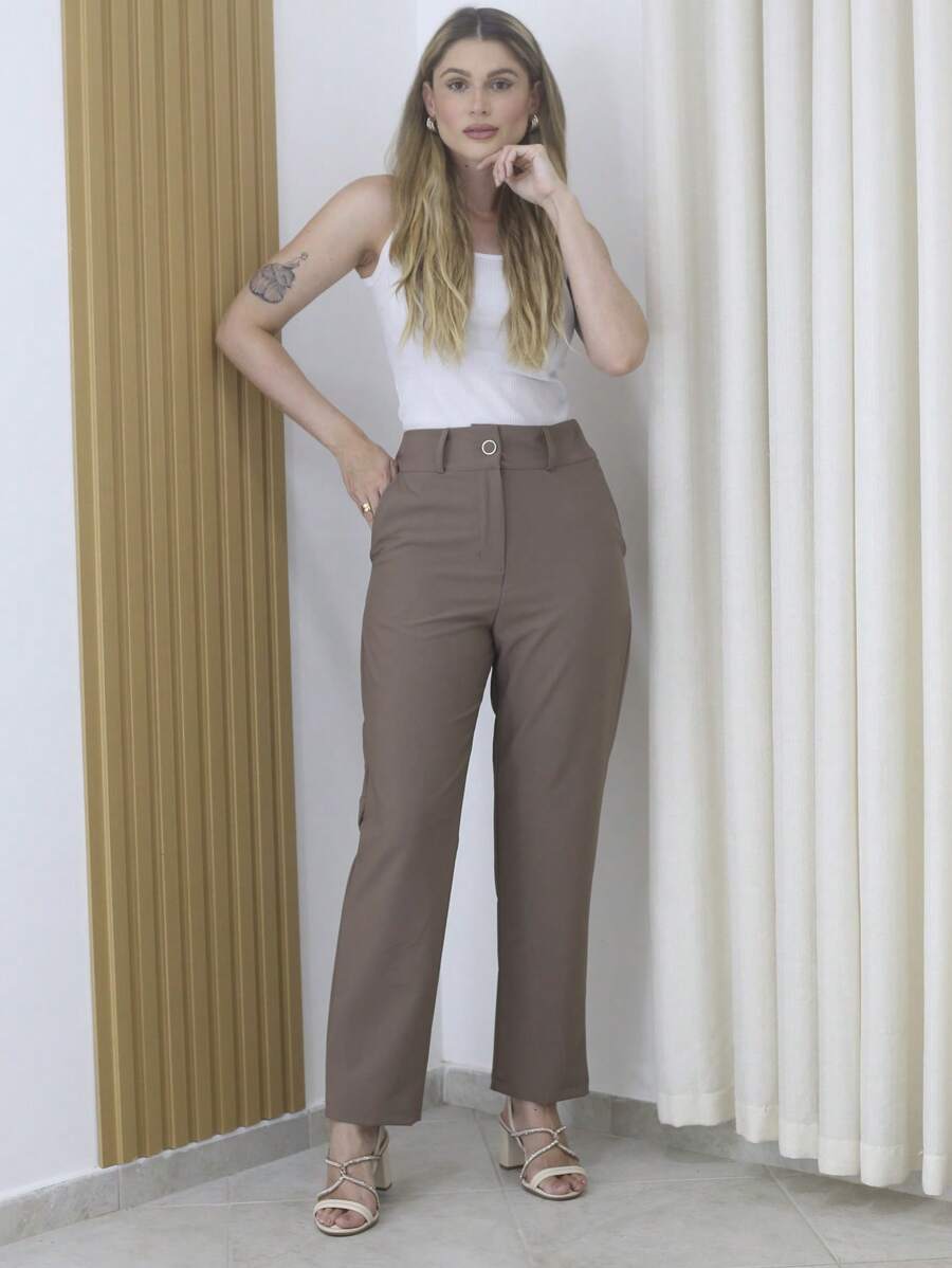 Women's Refreshing Plain Tailored Trousers With Button - Maxma 6631 - Marrón Chocolate - Ver 1