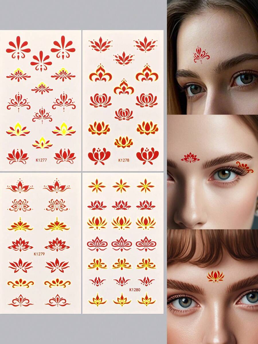 4 SheetEyebrow Center Sticker, Antique Style Girl, Forehead Print Tattoo Sticker