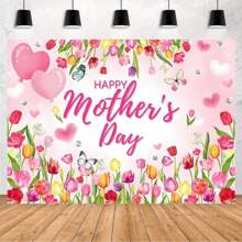 母亲节快乐粉色郁金香和心形背景布 - 涤纶纤维，无需电源，非常适合派对装饰和照片背景