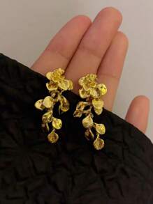 镀金叶风格 - 新款中国风别致金花流苏耳环，女士奢华复古优雅耳环 - 金色 - 查看 3