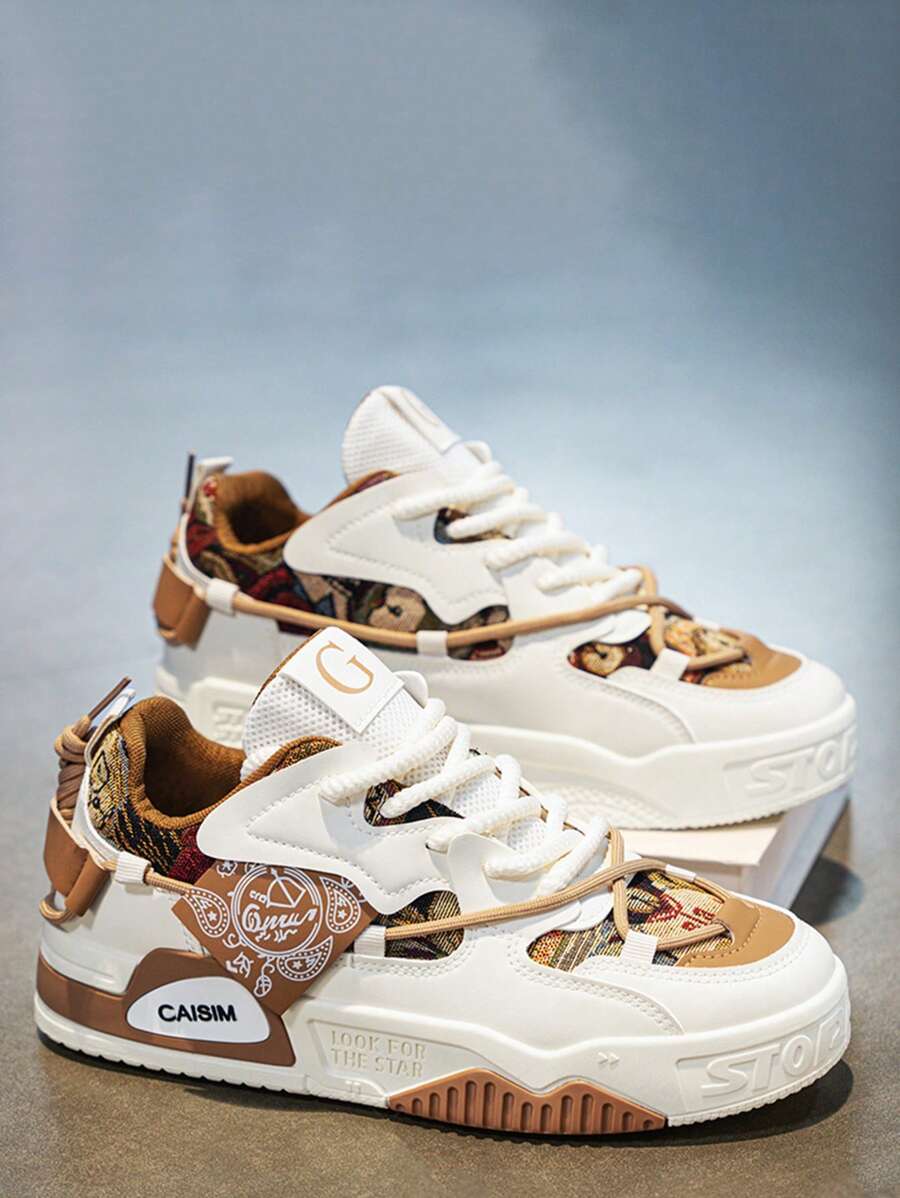 Men's Round Toe Color Block Low Top Lace-Up Thick Sole Non-Slip Casual Sneakers - Khaki - View 1