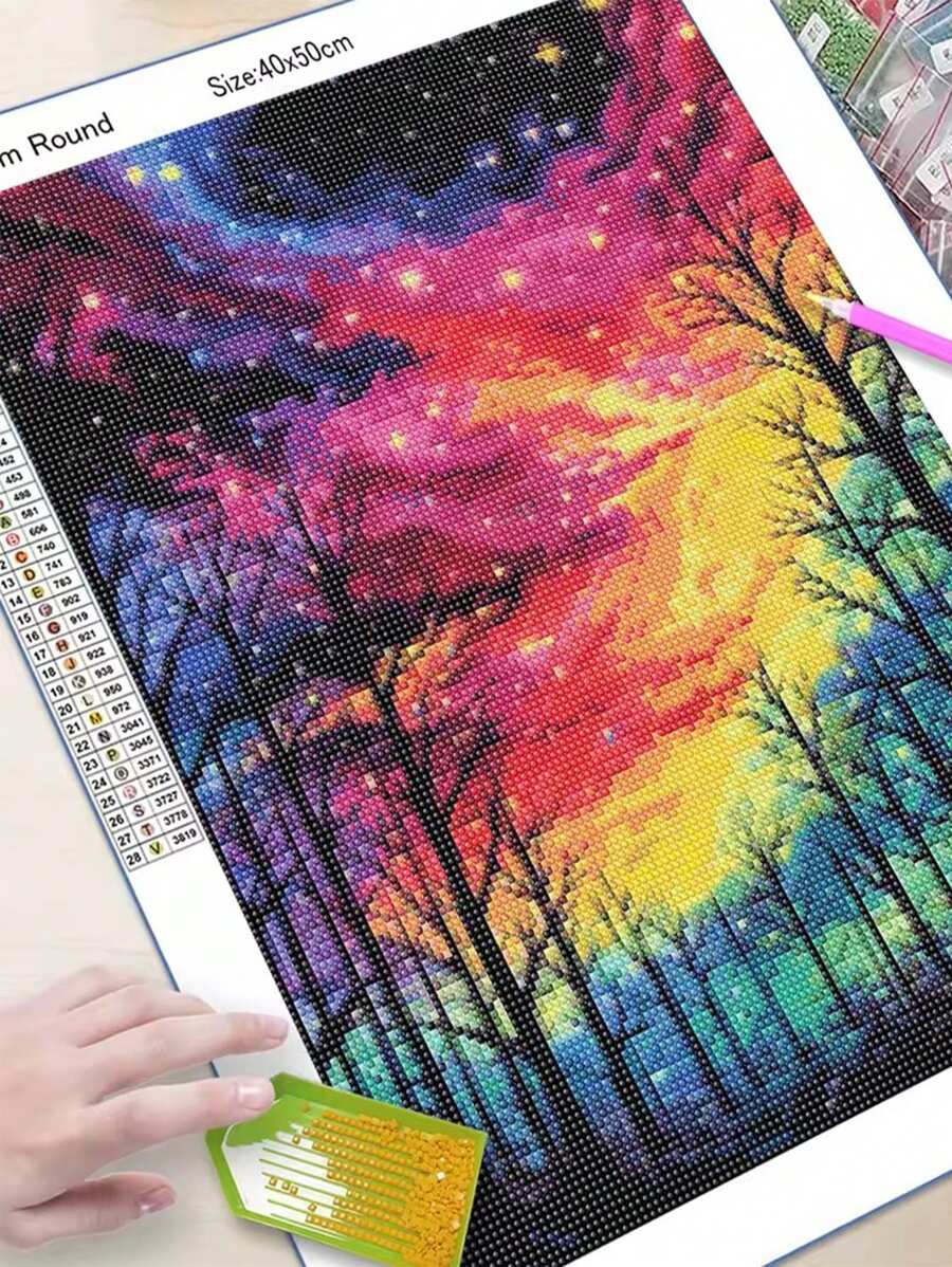 Pintura de diamantes redonda completa, paisaje de bosque de nubes colorido, árbol con diamantes incrustados, juego de manualidades de fantasía, decoración de pared, regalo para cumpleaños, graduación, arte de diamantes - Multicolor - Ver 1