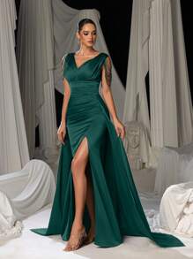 Elisanya Elegant V-Neck Beaded Strap Evening Gown With High Slit, Formal Sleeveless Flowing Dress For Galas, Red Carpets, Weddings, Formal Dinners, Party Dress, Wedding Guest Dress