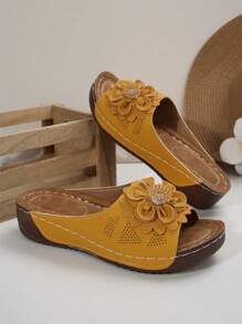 Women Comfortable Versatile Flower Decor Solid Color No-Pattern Open Toe Strap Flat Sandals, Sweet Casual For Daily/Home Wear, Spring/Summer, Available In Multiple Colors (Black, Gold, Blue, Brown, Yellow, Red, White, Etc.)
