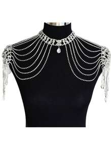 Fashionable Luxury Wedding Rhinestone Shoulder Chain, Multilayer Tassel Body Chain For Bridal Dress - Silver - View 3