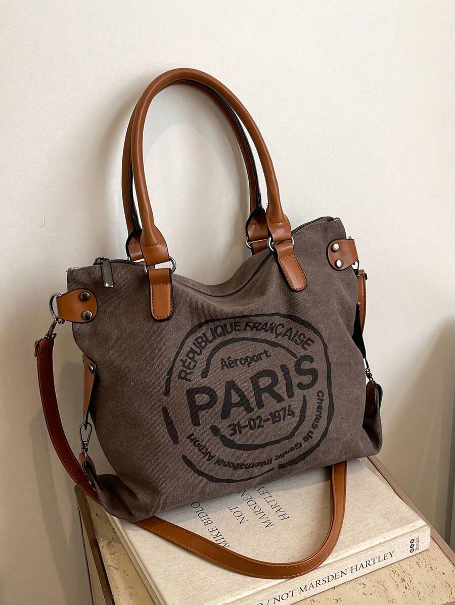 Large Capacity Casual Versatile Tote Bag, Fashionable Crossbody Bag For Students, Office, Outdoor Commute - Dark Grey - View 1