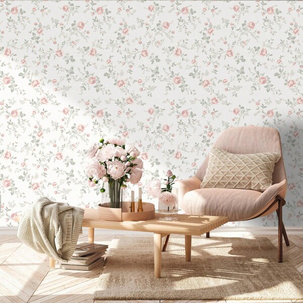1 Roll French Style Self-Adhesive Peelable Wallpaper, Pastel Pink Floral Pattern Vinyl Wallpaper, Waterproof Moisture-Proof Removable Wall Decal, Suitable For Comfortable Bedroom And Home Decor, Bedroom Wall Wallpaper, Easy To Apply, 17.32" X 118.11"/196.85"/393.7"