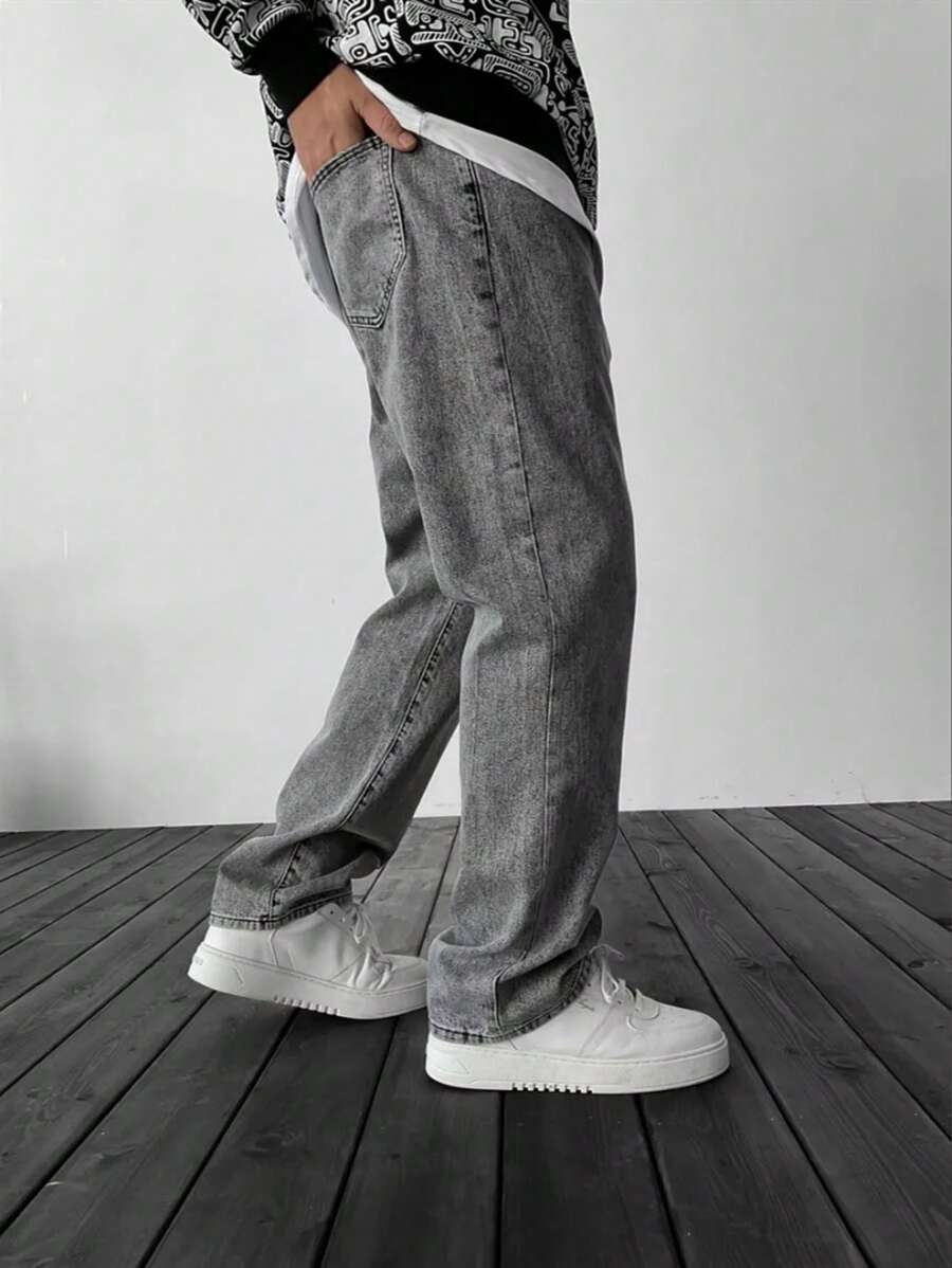 Men's Casual Loose Straight Leg Jeans With Pockets - 淺灰色 - 查看 1
