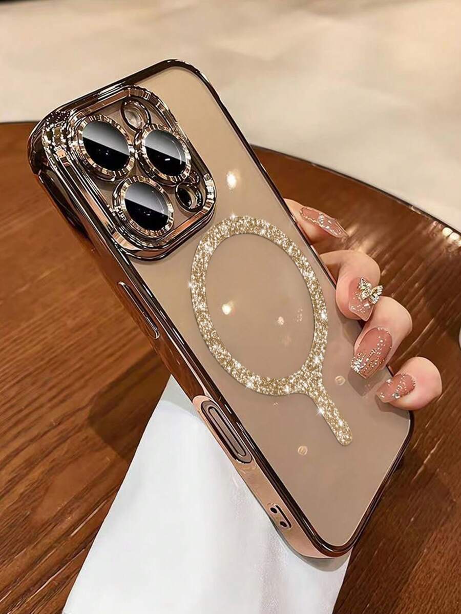 1pc Transparent Electroplated Shockproof Silicone Case With Glitter Magnetic Ring, Protective Phone Case Made Of TPU Material Compatible With IPhone 15 Pro Max, 16 Pro Max, 16 Pro, 11, 12, 13, 14 Pro Max, 14 Pro, 13 Pro Max, 16, 17, 17 Pro, 17 Pro Max, Supports Wireless Charging - Gold - View 1