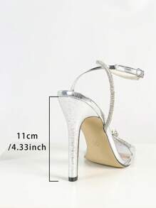 Women's Square Toe Crystal Butterfly Decor Ankle Strap Metallic High Heel Sandals, Sexy Fashion Party Sparkling Silver High Heels