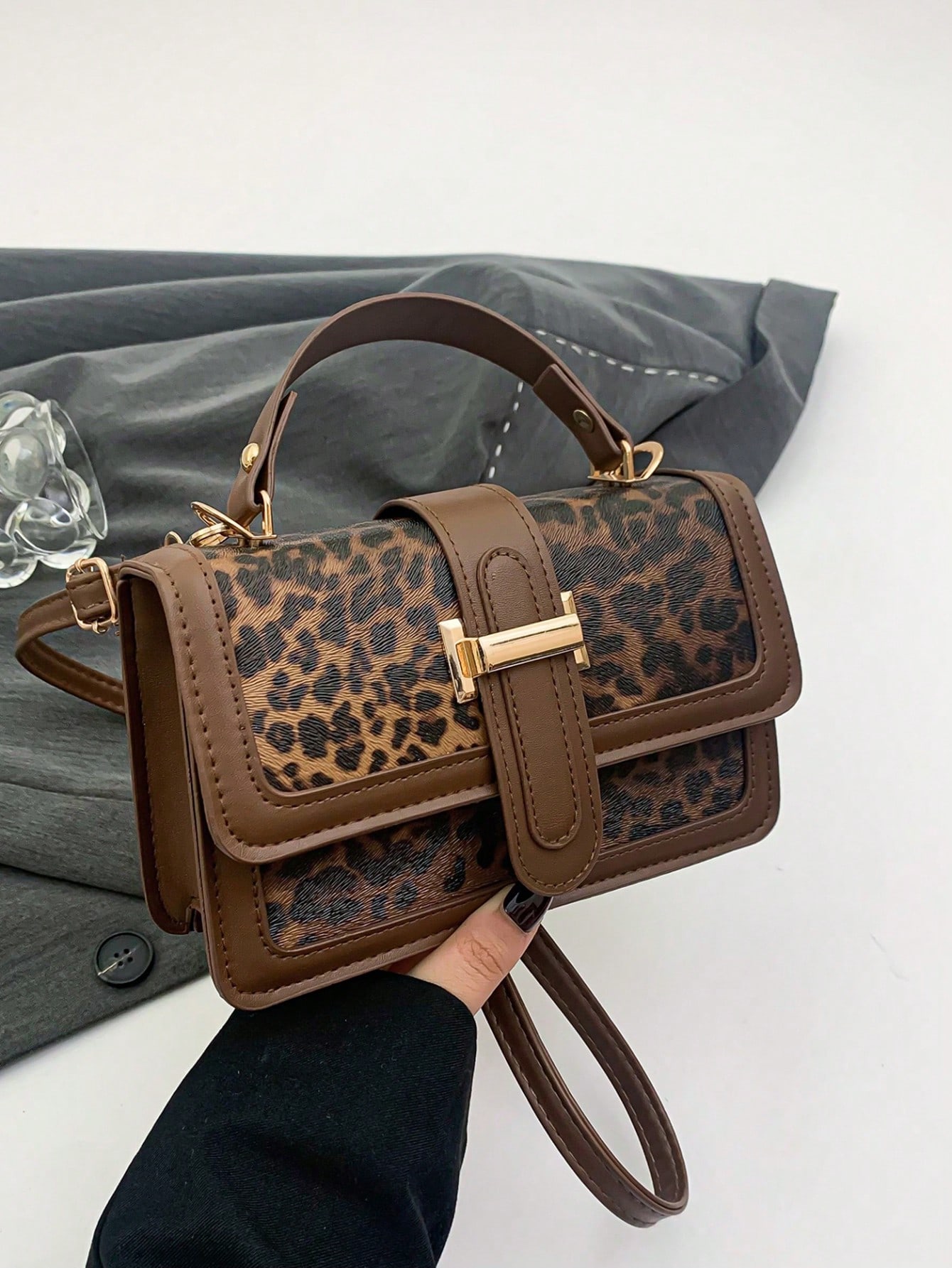 حقيبة يد مربعة صغيرة بطبعة نمر عتيقة، حقيبة كاجوال...