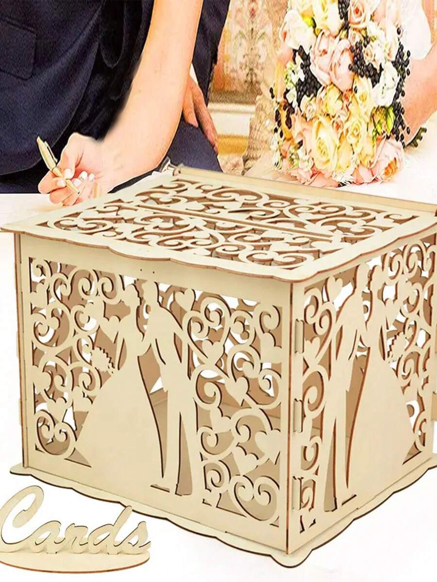 1 Set Wood Wedding Card Box With Lock And Cards Sign, Card Box For Wedding, Rustic Wedding Box For Cards And Money, Wedding Gift Box For Reception, Anniversary, Bridal Shower, Party - Khaki - View 1