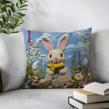 [2D Printed] 1pc 17.7"X17.7"(45x45cm) [Non-Embroidered] 2D Printed Floral & Rabbit Embroidery-Look Pattern Cushion Cover, [Single-Sided Printed] [Pillow Insert Not Included] Polyester Home Decor Backrest Pillow Cover, Sofa, Windowsill, Suitable For Daily Use, High-End Minimalist Self-Use Decoration, Living Room, Bedroom, Car Decoration