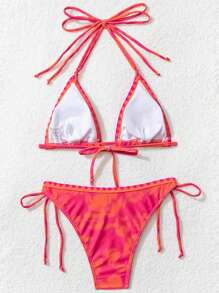 Women 2 Pieces Bikini Swimsuits Print Tie-Up Halter Neck Sleeveless Padded Bra Thong Bottoms Beach Bathing Suit Set