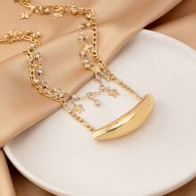 1pc Elegant European Fashion Metal Shell Rhinestone Double-Layer Necklace Set For Women