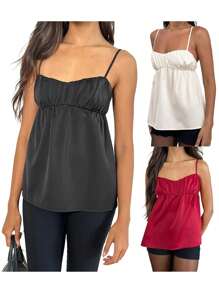 Women's Summer Ruched Cami Tops Sleeveless Open Back Low Cut Solid Color Satin Tank Tops - Red - View 5