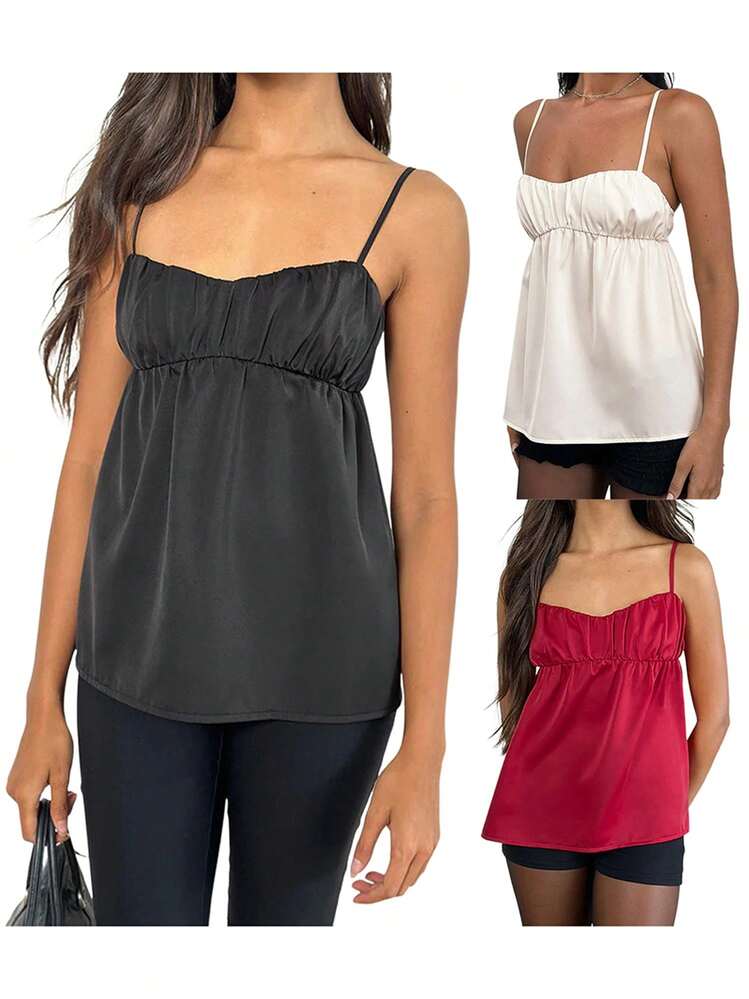 Women's Summer Ruched Cami Tops Sleeveless Open Back Low Cut Solid Color Satin Tank Tops - Rojo - Añade 5