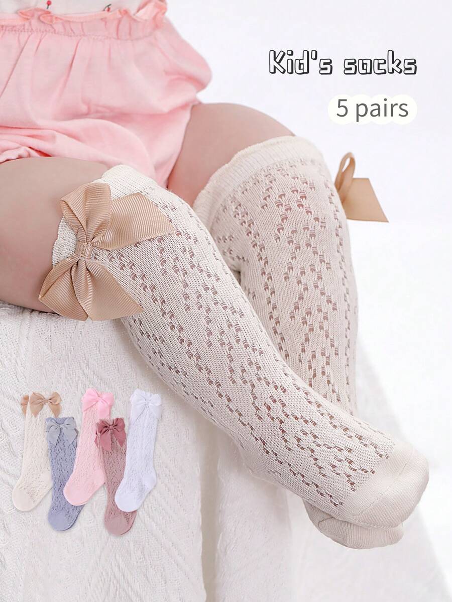1 Pair Girls' Spring/Summer Mid-Calf Socks, Net Mesh Leg Warmers, Bow Decor Knee High Thin Socks