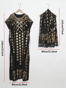 Bộ 2 áo choàng in họa tiết lá kim cho nữ và khăn trùm đầu, váy Abaya sang trọng của Ả Rập cổ tròn tay ngắn, lý tưởng cho Khimar, Kaftan, Caftan, thích hợp làm quà tặng, mọi mùa - Bộ lá cây nước - Xem 3