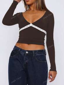 Women's Y2K Sexy Slim-Fit Lace Trim Deep U-Neck Long Sleeve Top