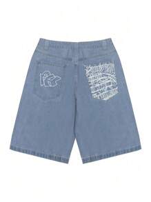 GlobeSwift Men's Embroidered Graphic Print Denim Shorts