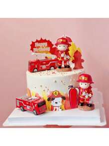 1pc Firefighter Cake Decoration Ornament Fire Extinguisher Water Gun Fire Truck Aerial Rescue Vehicle Baking Birthday Ornament Cake Decoration Inserts