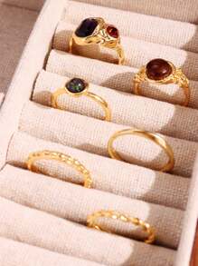 Set de 6 piezas de anillos geométricos de tamaño grande con gemas coloridas, elegantes y lujosos para mujeres