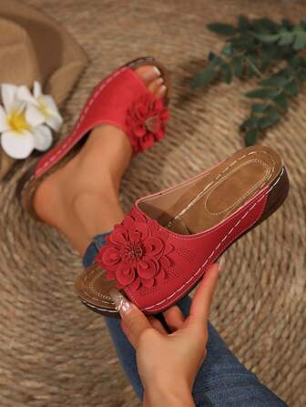 女士厚底厚底坡跟拖鞋，防水防滑，户外服装，轻便花卉装饰凉鞋，适合夏季