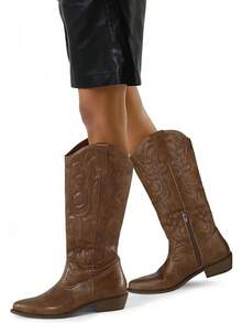 Women's Cowboy Boots Mid Calf Embroidered Western Pointed Toe Chunky Heel Pull On Boots, Cowgirl Style - Solid Brown - View 3