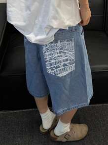 GlobeSwift Men's Embroidered Graphic Print Denim Shorts