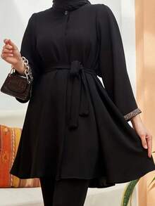 Women's Fashion Casual Solid Color Round Neck Cinched Loose Modest Top - Black - View 2
