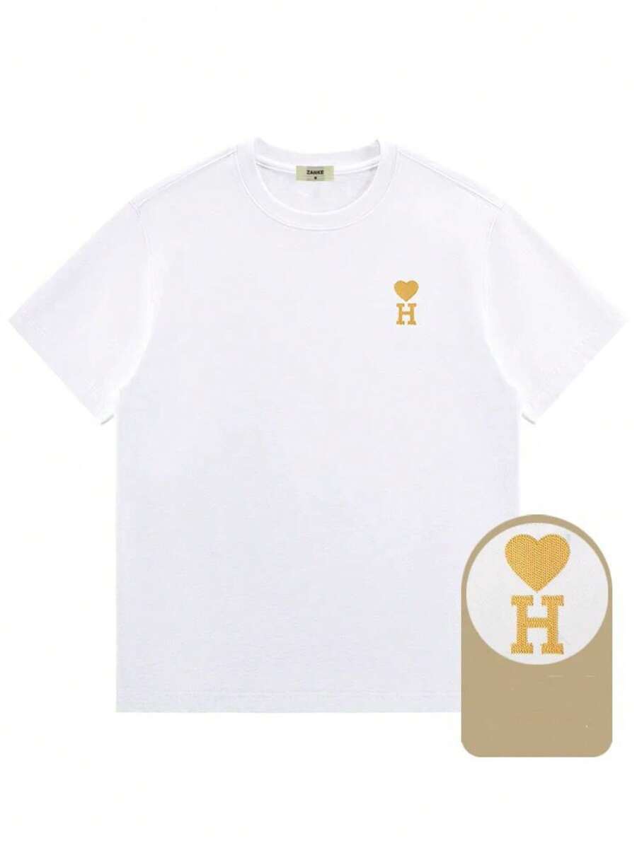 T-Shirt With Embroidered Heart Round Neck Short Sleeve Unisex Peruvian Male Girl Rabbit Male - 白色 - 查看 1
