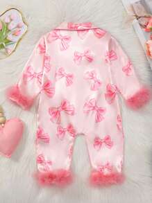 Baby Girls Rompers, Long Sleeve Bow Print Furry Patchwork Button Closure Jumpsuit - Pink - View 2