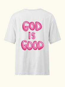 Camiseta de manga corta cuello redondo "Dios es bueno" para mujer cristiana, corte holgado informal y cómodo, impresión de letras rosas por ambos lados, prenda de moda minimalista