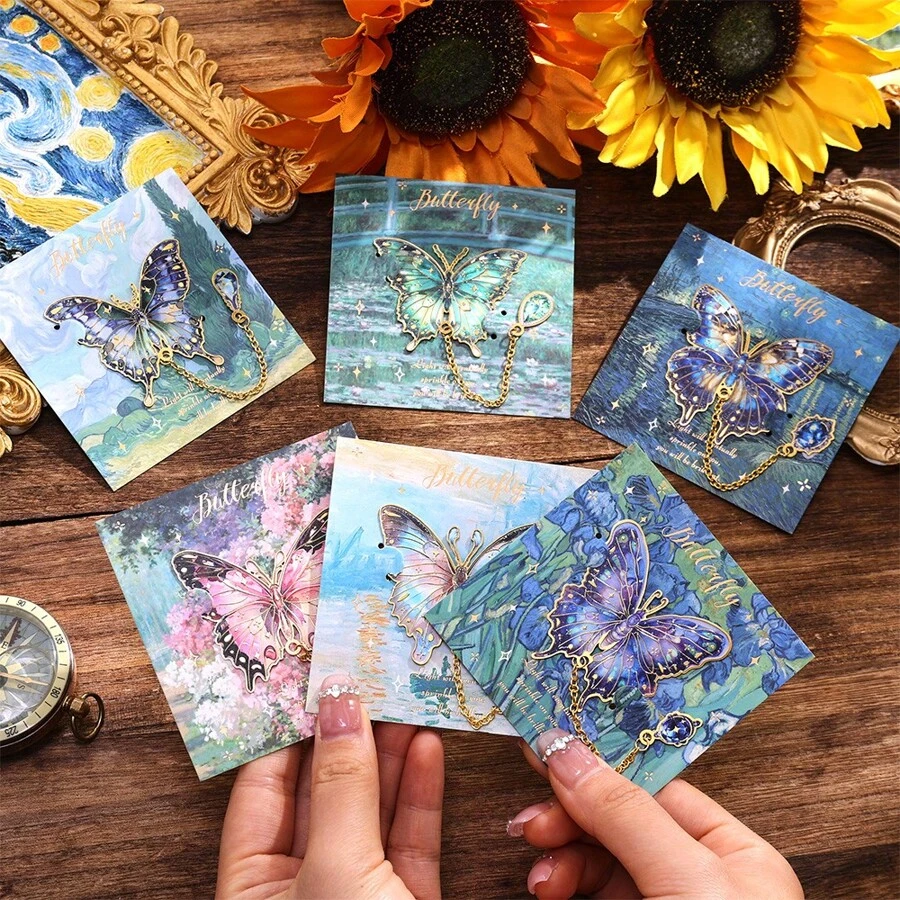 1 pieza Marcador de libro de metal con forma de mariposa y cadena de metal, diseño artesanal tipo pintura al óleo de Van Gogh, regalo único para amantes de los libros, cumpleaños, San Valentín, graduación, Día Mundial del Libro, decoración del hogar