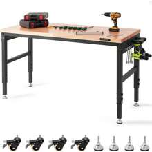 Ataucjin Adjustable Workbench, 60" L X 22" W, 28"-39.5" Heights, 2000 Lbs Load Capacity, Garage Worktable With Universal Wheels, Power Outlets & Hardwood Top & Storage & Foot Pads, For Office & Home