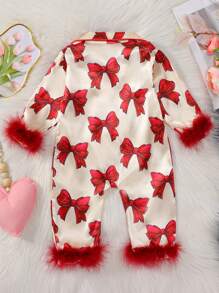 Baby Girls Rompers, Long Sleeve Bow Print Furry Patchwork Button Closure Jumpsuit - Red - View 2
