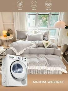 3pcs Set Grey Ruffled Soft & Breathable Duvet Cover Set (1 Duvet Cover + 2 Pillow Shams), Suitable For Bedroom, Guest Room - Grey - View 6