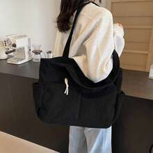 Bolsos de hombro para mujer con bolsillos, de pana, elegantes, acanalados, de gran capacidad, lisos, tipo tote - Negro - Ver 4