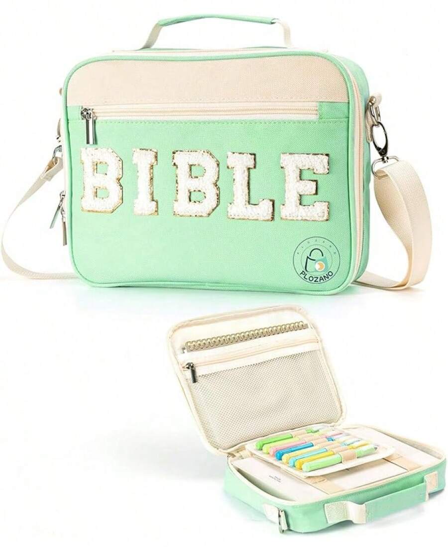 Bible Cover Women, Large Chenille Letter Bible Bag With Shoulder Strap,Blue Bible Carrying Tote Bags Bible Study Accessories, Women Lady Teen Grils (Blue) - Green - View 1