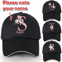 1pc Customized Sun Hat Unisex Baseball Caps Student Personalized Custom Name Initials A To Z Pattern Sport Snapback Cap Personal Tailor Summer Hats Hip Hop Golf Tat Outdoor UV Protection Hat Gift For Women Custom Text Adjustable Hat, Dad Hat - Black - View 1