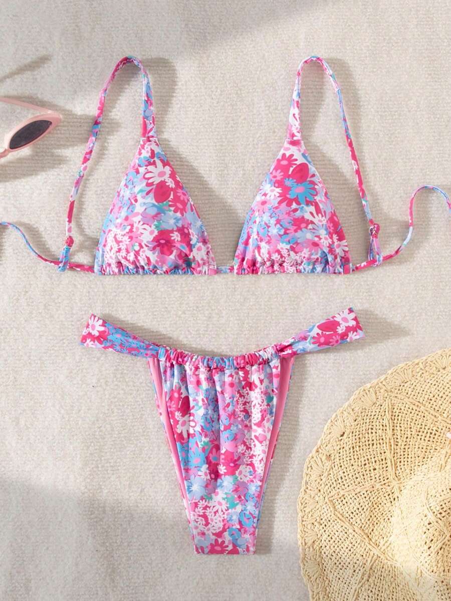 Women's Summer Beach Vacation Floral Print Exposed Neck Bikini Set, Suitable For Vacation, Beach Or Swimming Pool - Multicolor - View 1