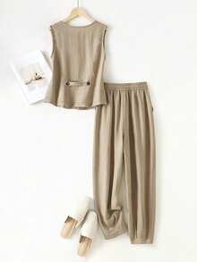 女士休闲夏季亚麻西装背心和裤子套装 - 卡其色 - 查看 2
