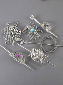 1件复古金属日月宫廷图腾波西米亚锌合金发夹发髻器发饰，四季皆宜，发髻发饰，发型发夹，发饰，头部饰品 - 彩色 - 查看 1